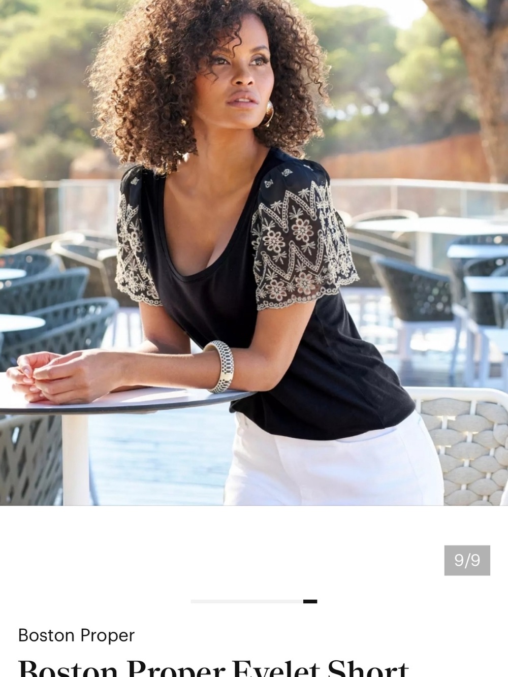 Boston Proper Black Tee with Cream Eyelet Sleeves